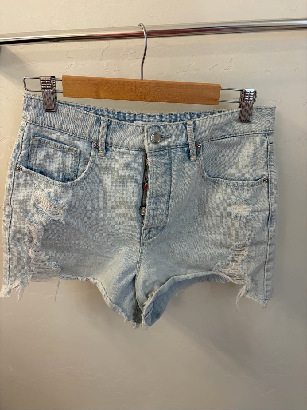 Good American Light Blue Distressed High-Rise Denim Shorts